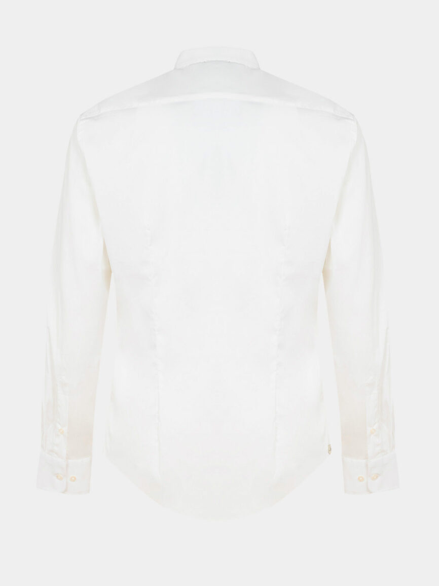 Camicia alla coreana in popeline di cotone elasticizzato bianco super slim fit