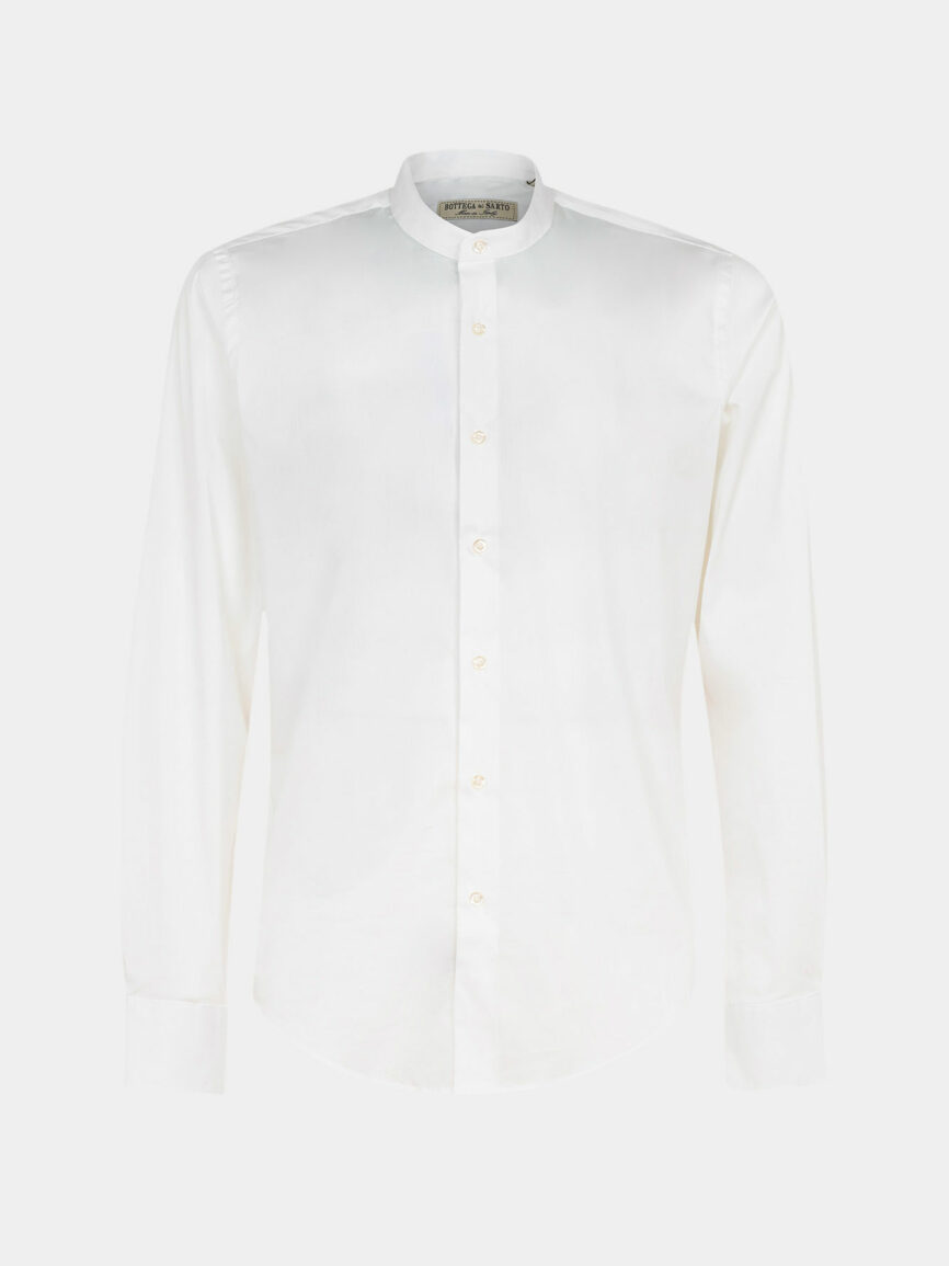 Camicia alla coreana in popeline di cotone elasticizzato bianco super slim fit