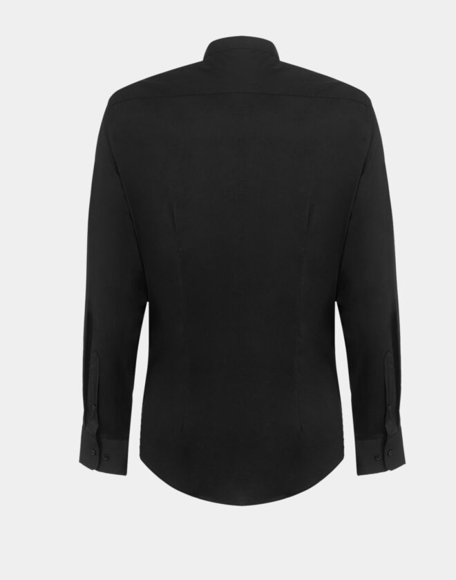 Camicia alla coreana in popeline di cotone elasticizzato nero super slim fit