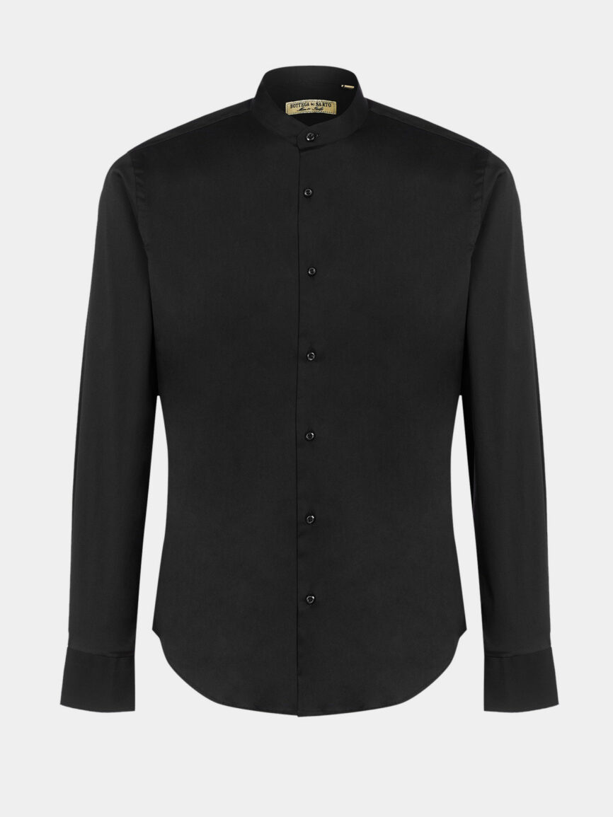 Black cotton poplin mandarin collar shirt super slim fit.