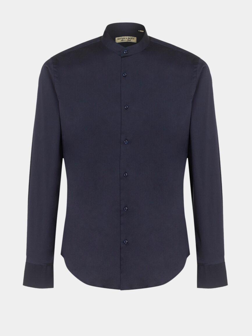 Blue cotton poplin mandarin collar shirt super slim fit