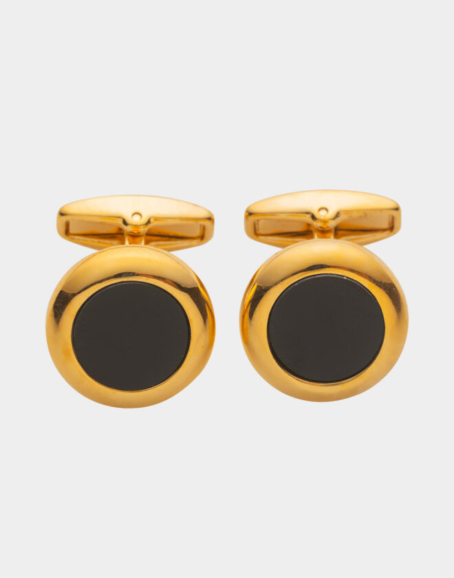 Gold-colored circular cufflinks with black stone
