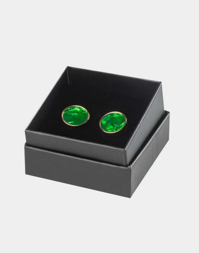 Gemelli circolari color oro con pietra verde smeraldo